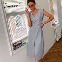 Casual side lace up split women sleeveless long v-neck Solid blue personality ladies dress 210414