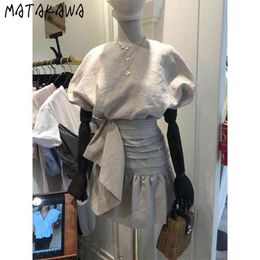 MATAKAWA Two Piece Set Women Korea Summer Top O-neck Women's Blouse + Pleated Half-length Skirt Two-piece Suit 210513