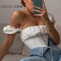 Jocoo Jolee Women Sexy Off Shoulder Short Sleeve Lace Up White Blouses and Shirts Elegant Slim Tops Summer Tunic Clothes 210619