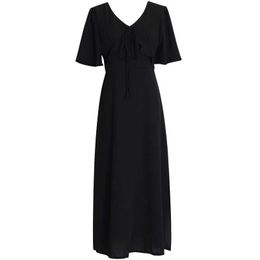 PERHAPS U Black V Neck Ruffle Flare Short Sleeve Lace Up Maxi Long Dress Solid Chiffon Elegant D0401 210529