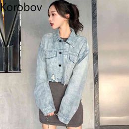 Korobov New Autumn Vintage Hole Women Coats Harajuku Pockets Turn-Down Collar Jackets Streetwear Denim Bomer Jacket 79005 210430