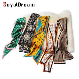 SuyaDream Woman Print Silk Scarf 100%Mulberry Silk 145CMX15CM Two layers Long Silk Scarves 2021 Spring Office Lady Q0828