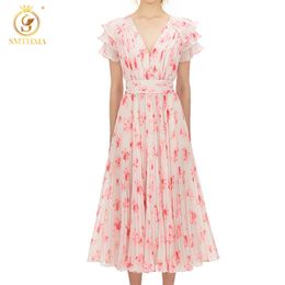 Fashion Pink Print Summer Dress Robe Women Short Sleeve Sexy V Neck Chiffon Long Vestidos 210520