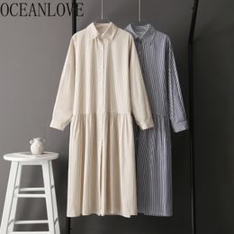 Striped Vestidos Loose Pregnant Fashion Autumn Long Dresses Single Breasted Korean Style Shirt Dress Women 17947 210415