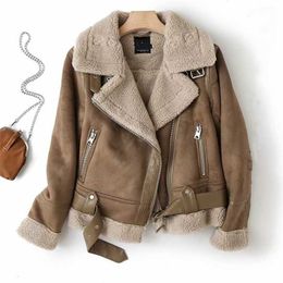 Women's Jacket Faux Shearling Sheepskin Retro Suede Fur Motorcycle Jacket Belt Leisure Loose Zaring Woman Jackets 211014