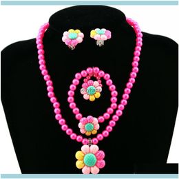 & Sets Flower Artificial Pearls Kids Girls Earrings Bracelet Necklace Ring Jewellery Set Drop Delivery 2021 H5Xqc