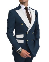Double Breasted Navy Blue Jacket+Pants Mens Suits Slim Fit Groom Tuxedo Wedding Costume Homme Men Suit Blazer Terno Masculino