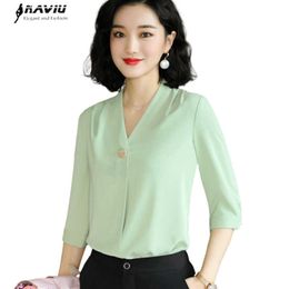 V Neck Half Sleeve Women Summer Chiffon Temperament Fashion Fruit Green Casual Blouses Office Ladies Formal Work Tops 210604