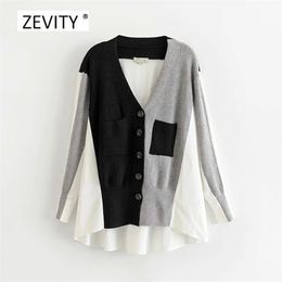 women vintage v neck patchwork hem irregular casual knitting sweater ladies long sleeve pocket patch chic cardigan tops S335 210420