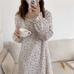 QWEEK Cotton Sleepwear Women Chinese Style Nightie Floral Print Long Nightgrown Autumn White Fairy Dress Nightwear Dressing Gown 210924