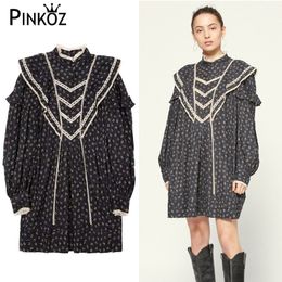 vintage stand collar loose patchwork lace long sleeve runway celebrity designer mini dresses for women party night chic 210421