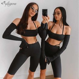 Summer Black Open Back Sexy Wrapped Chest Long Sleeve Bottoming Shorts Sports And Leisure Women'S Bandage Set 210527