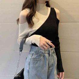 Ezgaga Knitted Tops Turtleneck Women Autumn Winter Basic Slim Thin Off Shoulder Long Sleeve Base Sweater Sexy Ladies Fashion 210430