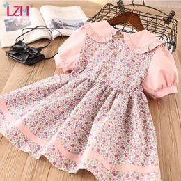 LZH 2021 Short Sleeve Floral Lapel Skirt For Kids Fashion Children's Dress 2-6 Year Splicing Dress For Girls Summer Baby Costume Q0716