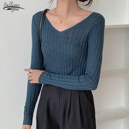 Korean V-neck Knitted All-match Sweater Women Pullover Solid Striped Slim Bottoming Winter Clothes 11028 210521