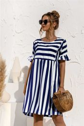 Spring and Summer Pregnancy Dress Ruffled Short-sleeved Striped Stitching Maternity Clothes Pocket Loose Dress for Premama