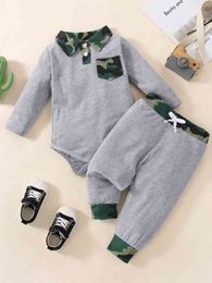 Baby Camo Print Patched Pocket Polo Neck Bodysuit & Bow Sweatpants SHE