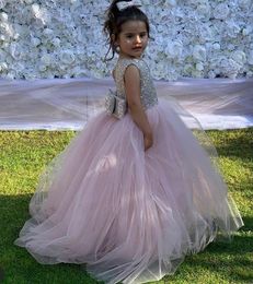 2021 One Shoulder Pink Flower Girl Dresses Ball Gown Bow Sequined Tulle Lilttle Kids Birthday Pageant Weddding Gowns