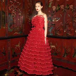 High-Quality Chic Red Long Dress Women Cascading Ruffle Design Sexy Sleeveless Backless Celebrity Evening Party Wedding Vestidos 210527