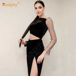 Sexy Mesh Diamond Velvet Dress Winter Women'S Long-Sleeved Hollow Bodycon Celebrity Evening Party Elegant Midi Vestidos 210527