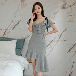 summer style korean temperament thin sexy ruffle V neck irregularity sling dress office party for women dresses 210602