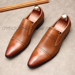 Men Dress Shoes Leather Genuine Mens Wedding Loafers Pointed Toe Brown Black Casual Business Shoes Slip On Party Oxford Shoes