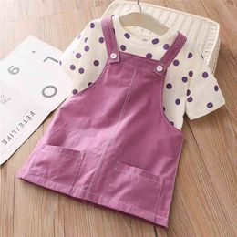 Summer New 2 3 4 6 8 10 Years Baby Overalls Cotton Dress+Short Sleeve Dots T-shirt 2 Pieces School Kids Girls Clothes Set 210414