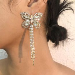 Elegant Full Rhinestone Butterfly Hanging Dangle Earrings for Women Luxury Claw Chain Long Tassel Drop Earring Wedding Party Jewelry