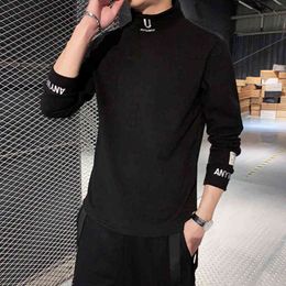 2020 Cashmere T-Shirts Men Long Sleeve Embroidery Letter T Shirt Homme Turtleneck Streetwear Casual T-shirts Male Fashion Tee Y0322