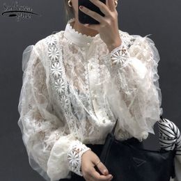 Korean Retro Lace Stand Collar Pearl Buckle Loose Long Sleeve Tops Stitching Women's Shirts See-through Blouse Blusas 13339 210521