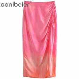 Tie Dye Print Pencil Skirts Summer Fashion Ruched Detail High Split Women Waist Casual Midi Skirt Female Bottoms 210604