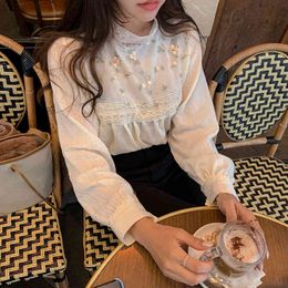New Elegant Lace Stand Collar Blouse Shirt Sexy Hollow Out Floral Embroidery Feminine Blouses Women Long Sleeve Tops 210419