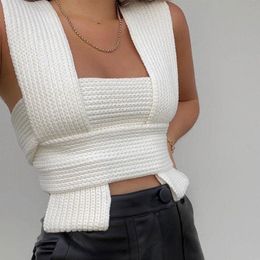 2021 New SleevelKnitted Crop Autumn Summer Fashion Sexy Sweater Cross Vest Black Casual White Jumper Top Female Pullover X0507