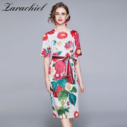 Summer Runway Holiday Foral Printed Women Elegant Bow Belt Flower O-Neck Short Sleeve Boho Beach Slim Midi Dress 210416