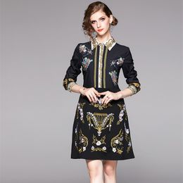 Women Vintage Printed Flower Embroidery Summer Black Runway Shirt Vestido Office Single-Breasted Mini Dress 210416