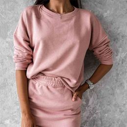 Summer Pink Tracksuit MIni Skirt Women's Sets O-Neck Long Sleeve Tops Female Suits Autumn Casual Ladies Short Skirts Set 210730