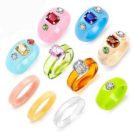 Colourful Resin Rings Retro Chunky Ring Unique Rhinestone Acrylic Fashion Stacking Square Jewellery Finger Trendy Gift for Women and Girls