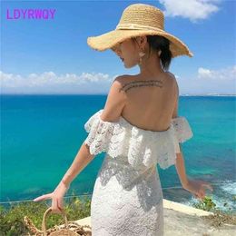 LDYRWQY Seaside holiday one line shoulder beach ladies off-shoulder lace dress Knee-Length Office Lady 210416