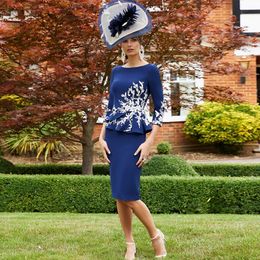 Elegantes blaues Etuikleid für die Brautmutter, Spitzenapplikation aus Satin, Hochzeitsgastkleid, knielang, formelle Kleidung 326 326