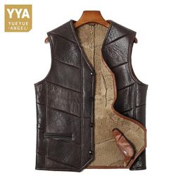 Men's Vests Men V-Neck Real Leather Wool Waistcoat Winter Thicken Single Breasted Sleeveless Jacket 2021 Business Biker Vest Oversize 4XL