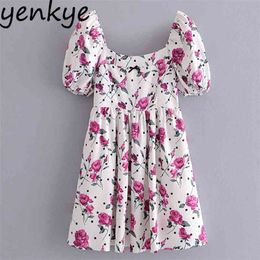 Summer Women Romantic Rose Floral Print Dress Sexy Backless Square Neck Puff Sleeve A-line Mini Elegant Lady Party 210514