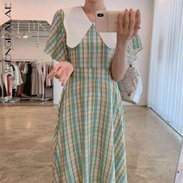 SHENGPLLAE Sweet Plaid Dress Women's Summer Peter Pan Collor Contrast Waist Irregular Flying Sleeve Mid-calf Dresses 210427