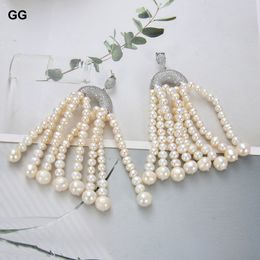 JK 3.5" Natural White Pearl CZ Earrings For Women