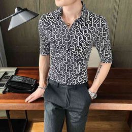 Fashion Casual Shirt Men Printing Short Sleeve Slim Fit Streetwear Shirts Male Business Formal Dress Shirts Social Clothes 210527