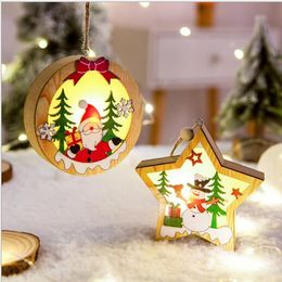 LED Light Christmas Tree Car Interior Decorations Wooden Star Pendants Ornaments Creative DIY Wood Crafts Kids Gift for Home Xmas Party Decor