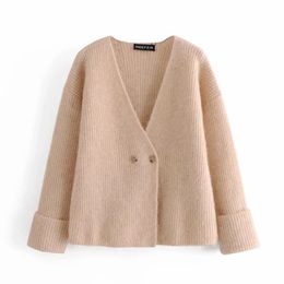 Women Simplicity Solid Colour V-Neck Sweater Female Double-Breasted Long Sleeve Cardigan Chic Top 210520