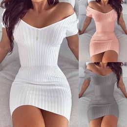 Sexy V-Neck Solid Slim Mini Dress Women Summer Fashion Off Shoulder Short Sleeve High Waist Package Hip Bodycon Pencil Dress 210507