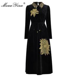 Fashion dress Spring Autumn Women Dress Long sleeve Gold Line Embroidery drilling Black lace-up Velvet Dresses 210524