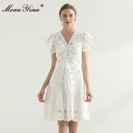 Summer Runway Bohemian Holiday Party Mini Dress Women's V-neck Hollow out Embroidered Elegant White 210524