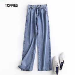 Toppies Fashion Woman Wide Leg Jeans Pants Side Split Trousers Elastic High Waist Pockets Buttons Female Pants 210412